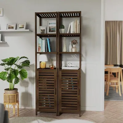 Image de Armoire Famanu en bambou, étroite, avec 4 étagères ouvertes - porte simple en noyer