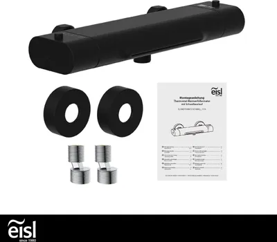 A black thermostatic bath mixer and accessories are displayed on a white background, along with an instruction manual.