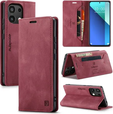 Image de Etui pour Xiaomi Redmi Note 13 4G, étui rétro en cuir PU, support et étui de protection rouge