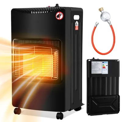 Immagine prodotto di Riscaldatore a gas Peviasot, colore nero, 4200 W. Tre livelli di riscaldamento, protezione anticaduta, regolatore di pressione e tubo flessibile. Design pieghevole, mobile e salvaspazio
