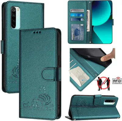 Produktbild von Leder Hülle für Xiaomi Redmi Note 8 Süße Katze Flip Case Brieftasche Schutzhülle mit Standfunktion Grün