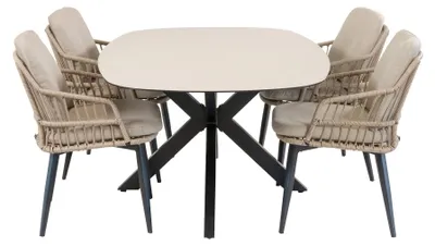 Produktbild von 7-teiliges Garten-Set | 6 Isabel Gartenstühle (Sand) | Malaga Gartentisch 240 x 115 cm (Schwarz)