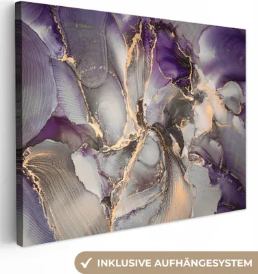 Produktbild von MuchoWow® - Leinwandbilder - Gold - Lila - Marmor, Wandbild, Wanddeko Bilder Wohnzimmer, 120x90 cm
