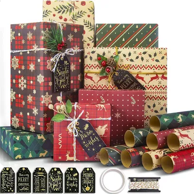 Immagine prodotto di Set di carta da regalo natalizia, 8 fogli di carta kraft con etichette regalo e spago per confezionare, dimensioni 70 x 50 cm