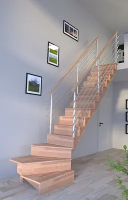 Produktbild von Holztreppe Lindos (Buche) in  1/4 gewendelter Ausführung rechts-80 cm-Design Geländer Edelstahl-beidseitig-mit Setzstufen