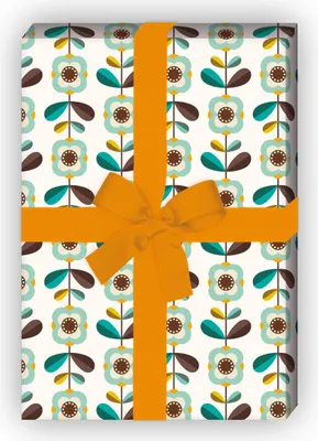 Produktbild von Retro Vintage Blumen Geschenkpapier türkis, im 70er Jahre Stil - G12347, 32 x 48cm