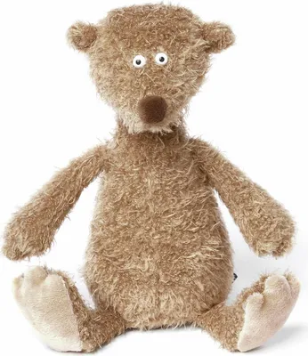 A fluffy brown teddy bear sitting on a white background.