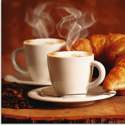 Produktbild von ARTland Glasbild Cappuccino & Croissant Größe: 30x30 cm
