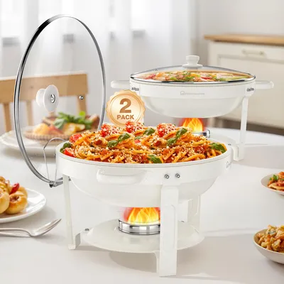Produktbild von WARMOUNTS Chafing Dish Buffet 5L 2er Set Weiße, Maifan Stein Beschichtung Rund Speisenwärmer für Catering mit Glasdeckel & Deckelhalter Edelstahl