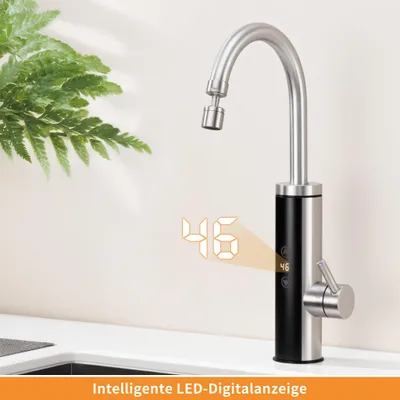 Produktbild von Elektrische Küchenarmatur mit Durchlauferhitzer, Gebürstet Wasserhahn Küche mit LED Temperaturanzeige，Smart Heater Wasserhahn 360° drehbar