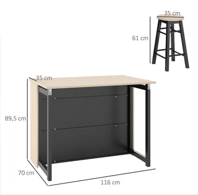 Image de Ensemble de table de bar avec compartiments de rangement et tabourets de bar confortables - Table pliante - Noir et bois de chêne