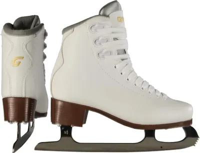A pair of white ice skates shown from the side and back.