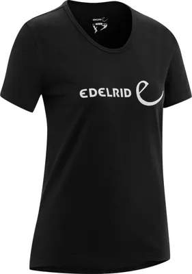 Schwarzes Damen-T-Shirt von Edelrid mit dem Logo "EDELRID" auf der Vorderseite.