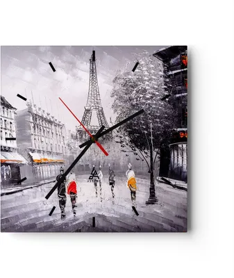 Produktbild von Wanduhr - Quadrat - Glasuhr - Architektur Paris Eiffle Frankreich - 40x40cm - Schleichendes Uhrwerk - Lautlos - zum Aufhängen bereit - Dekoration Modern - Wanddekoration aus Glas - C3AC40x40-2961