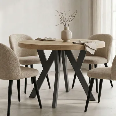 Produktbild von Runder Ausziehbarer Tisch für Esszimmer, PERO, Loft-Stil, Skandinavische, Durchmesser: 100 / 200 cm, Farbe: Eiche Sonoma / Schwarz