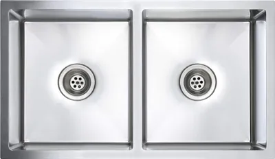 A top-down view of a double stainless steel sink with drains.