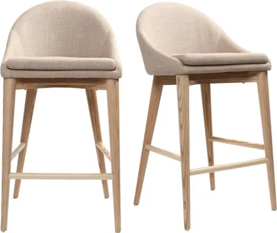 Two beige upholstered bar stools with wooden legs are shown from the front and side.