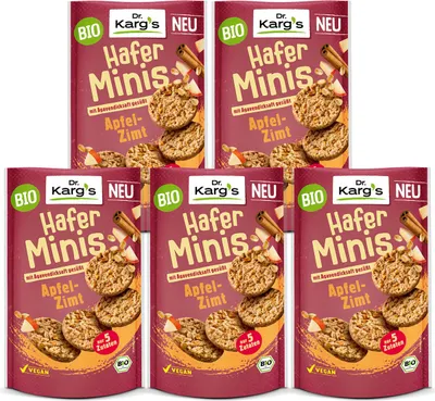 Productafbeelding van Dr. Kargs biologische haverminis met appel en kaneel, met agavesiroop, 85g, 5-pack