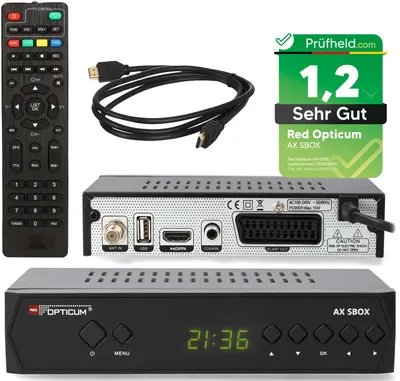 Produktbild von RED OPTICUM HD Sat Receiver für Satellitenschüssel mit Aufnahmefunktion S-Box PVR - Timeshift , HDMI, SCART, USB, Coaxial – Digital TV Receiver für Satelliten / Satellit + HDMI Kabel