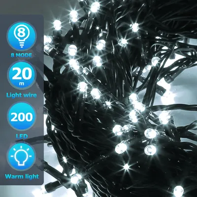 Zdjęcie produktu dla Yakimz 20M 200 lampek LED na choinkę, zimny biały ciemnozielony miedziany przewód z 8 programami LED do użytku wewnątrz i na zewnątrz IP44