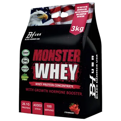 Produktbild von MONSTER Whey Protein 3kg Erdbeere – High Protein Pulver für Muskelaufbau, Kraft & Regeneration | Fitness Supplement | Black Hammer USA
