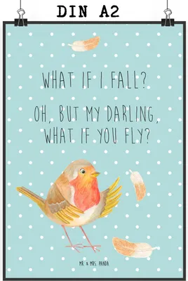 Produktbild von Mr. & Mrs. Panda Bild Rotkehlchen Federn DIN A2 - Türkis Pastell - Geschenk, Plakat, wanddeko, Vogel, Wandbild, Lustige Sprüche, Spruch Mut, drucke, Motivation, fliegen