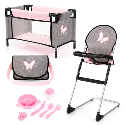 Produktbild von Bayer Design 61733AB Puppenhochstuhl, Puppenbett, Tasche, Schnuller, Puppenzubehör