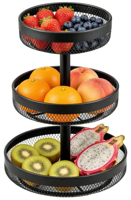 Immagine prodotto di Omgoods - Cesto rotondo per frutta, salvaspazio, con 3 ripiani in metallo