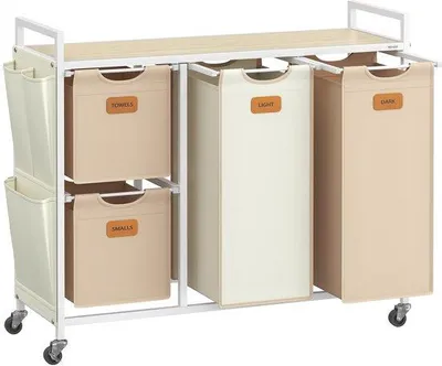 Produktbild von Famanu Wäschekorb mit 4 Fächern, 150 L, Wäschewagen mit Ablage und Rollen