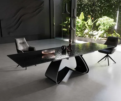 Produktbild von DELIFE Esstisch Edge 200-300x100 Reliefglas Rauchschwarz 3D-Design W-Gestell Schwarz ausziehbar