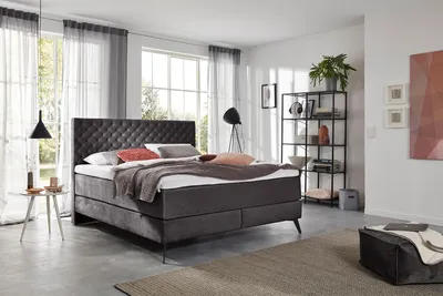 Produktbild von KAWOLA Bett SINDAR Boxspringbett Stoff anthrazit Fuß schwarz ohne Topper 160x200cm