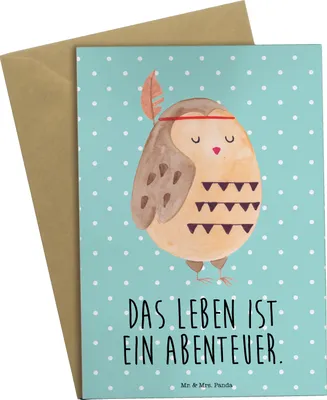 Produktbild von Mr. & Mrs. Panda Grußkarte Eule Federschmuck - Türkis Pastell - Geschenk, hochzeitskarten, weihnachtskarten, einladungskarten, Dekoration, Abenteuer, Klappkarte, Owl
