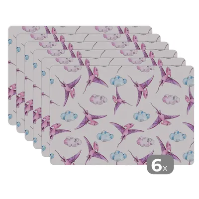 Obrázok produktu pre MuchoWow® Podložky Sada 6 podložiek Umývateľné podložky 30x45x0.3cm Detská izba - Mraky - Dinosaurus - Dievčatá - Deti - Ružová - Dieťa Podložka pod