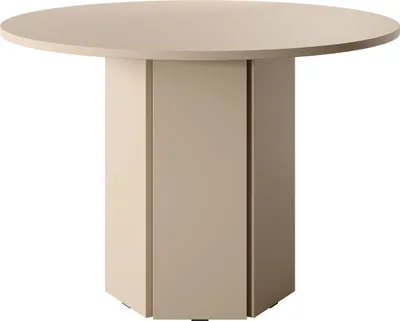 A round dining table with a hexagonal pedestal base.