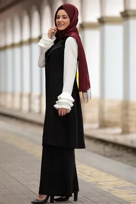 Produktbild von Abendkleid Zweiteilges Outfit Jäckchen & Hose Lang Hijab Schwarz 40 Tesettür S-981