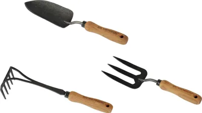 Produktbild von Gartenpflege-Sets Premium Teak Gartenwerkzeug Set 3-teilig als robustes Gartenzubehör exklusive Gartengeräte mit Teakholz Griff
