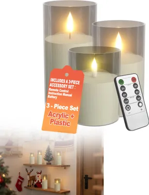 Obrázek produktu pro XMTECH LED svíčky sada 9 transparentních svíček - bez plamene, sloupkové svíčky Ø7,5 x 10/12,5/15cm s dálkovým ovládáním a časovačem - na baterie, blikající, pro vnitřní i venkovní použití, dekorace, dárek