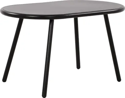 A black oval coffee table with three black legs on a white background.