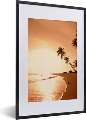 Produktbild von MuchoWow® Gerahmtes Poster Sonnenuntergang - Tropisch - Palme - Strand - Meer 40x60 cm - Poster mit Schwarzem Bilderrahmen Wandposter Rahmen Foto Bilder - Poster in Rahmen
