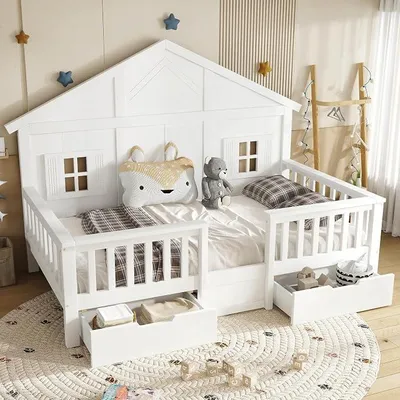 Productafbeelding van Kinderbed, huisbed, 90x200 cm, Montessori bed, houten bed met valbeveiliging en lattenbodem, eenpersoonsbed met 2 lades, raam en dak, kinderbed, tienerbed, bedframe, speelbed, grenenhout, zonder matras, wit