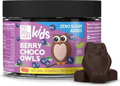 Produktbild von BLUEBERRY-SCHOKOLADEN-EULEN MIT VITAMIN C AUS ACEROLA, OHNE ZUSATZZUCKER, , 120 g – COCOA KIDS