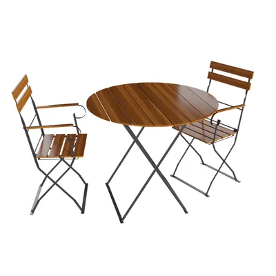 A wooden table and two chairs on a white background.