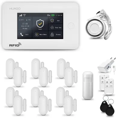 Produktbild von HUXGO HXA006 Alarmanlage Haus WiFi + GSM 4G mit Sirene, Alarm System mit 1x Bewegungssensor und 12x Tür- Fenstersensor, Tuya Smartlife App