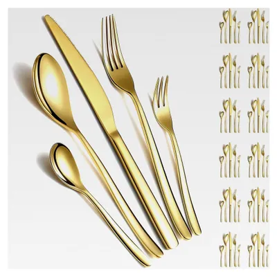 Produktbild von 60-teiliges Goldbesteck-Set für 12 Personen, goldenes Titan-Besteck aus Edelstahl, Set mit Löffeln, Gabeln und Messern für Zuhause, Hochzeiten, Restaurants, Hotels, spülmaschinenfest