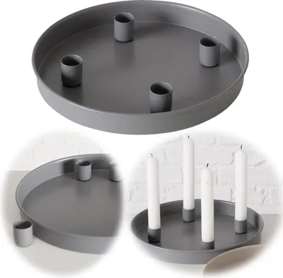 Produktbild von LS-LebenStil Kerzentablett Kerzenhalter Magnet Grau 4 Stabkerzen Rund Ø25cm Deko Tablett Stabkerzenhalter Kerzenleuchter Kerzenleiste Adventskranz