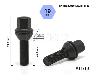 Obrázok produktu pre Skrutka kolesa M14x1,5x40,5 s pohyblivým kužeľom, kľúč 19, C19D40-MW-RR-BLACK, výška 71,6 mm, čierna