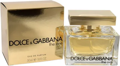 A bottle of Dolce & Gabbana The One perfume and its packaging are displayed on a white background.