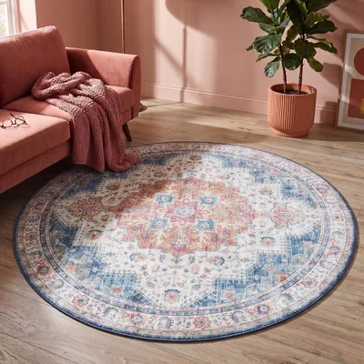 Produktbild von Volero - Teppich Vintage Rund - Azara Hellblau - Ø 120 cm - Wohnzimmer, Esszimmer, Schlafzimmer - Klassik, Orientalisch