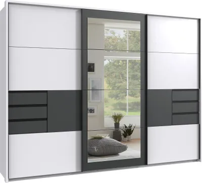 Produktbild von Schwebetürenschrank Kleiderschrank 273 cm Passepartout Schubladen Spiegel Weiß Grafit / 22505