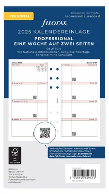 Image de FILOFAX Calendrier à insérer 2025 Personnel 1 semaine - 2 pages Professional blanc allemand 25-68475